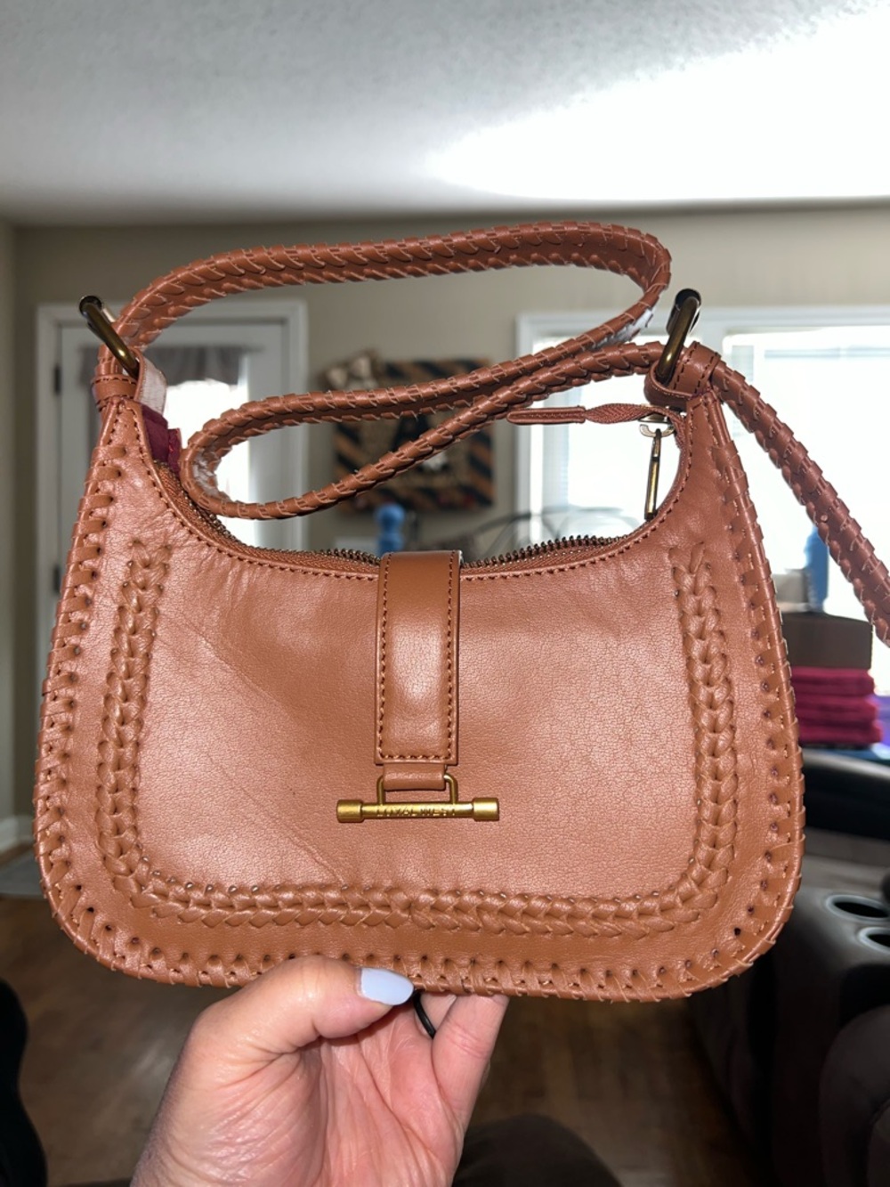 Braided Trim Tan Leather Shoulder Bag with Gold Accent